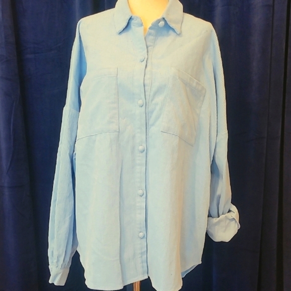 Double Zero Jackets & Blazers - Double Zero Light Blue Button Down Shacket